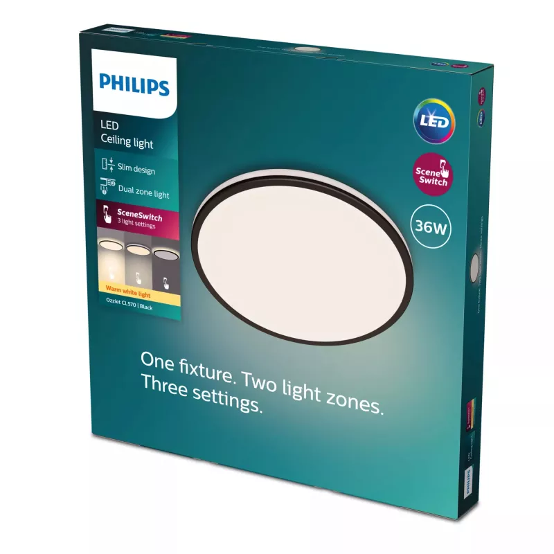 Philips Ozziet 36 W LED lubinis šviestuvas, apvalus 500×55 mm, juodas, nekeičiamas LED modulis