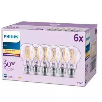 Philips Filament LED lemputė matinė A60 E27 x6, 7 W, 60 W, 806 lm, 15000 h, šilta balta