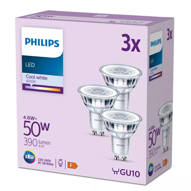 Philips LED prožektorius 50W PAR16 GU10 x3, 4.6 W, 50 W, GU10, 390 lm, 15000 h, vėsiai balta
