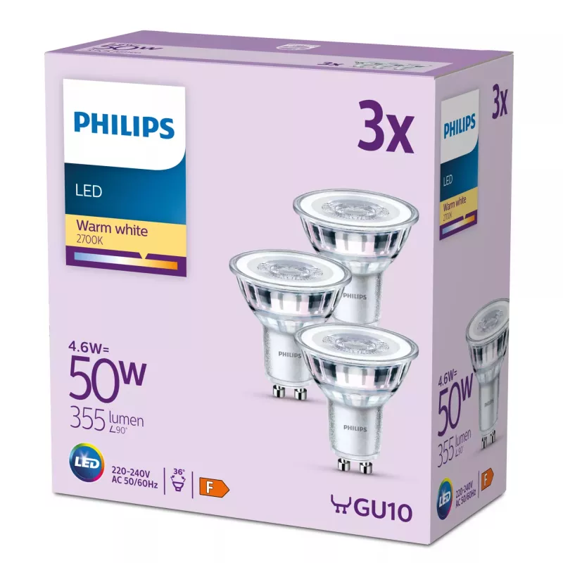 Philips Spot 50W PAR16 GU10 x3, 4,6 W, 50 W, GU10, 355 lm, 15000 h, Šilta balta