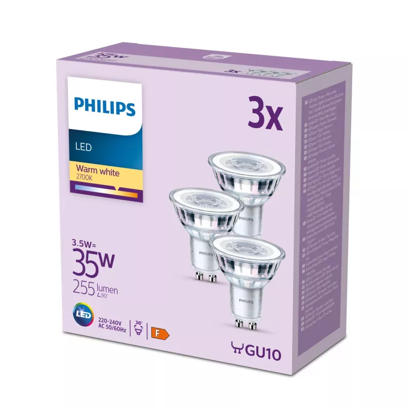 Philips Spot 35W PAR16 GU10 x3, 3,5 W, 35 W, GU10, 255 lm, 15000 h, Šilta balta