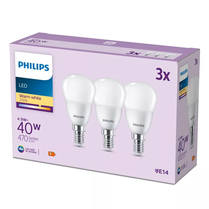 Philips Candle 40W P45 E14 x3 LED lemputė, 4.9 W, 470 lm, šilta balta
