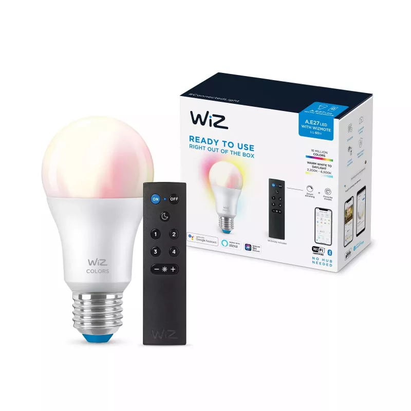 WiZ išmanioji lemputė 8W (atitinka 60W) A60 E27 x1 + nuotolinio valdymo pultelis, Wi-Fi/Bluetooth, balta