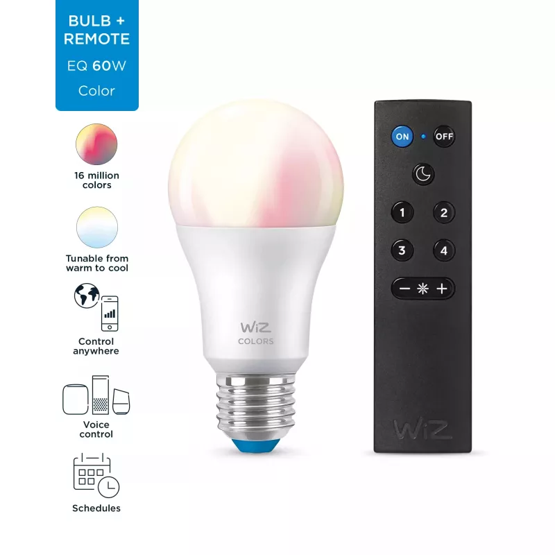 WiZ išmanioji lemputė 8W (atitinka 60W) A60 E27 x1 + nuotolinio valdymo pultelis, Wi-Fi/Bluetooth, balta