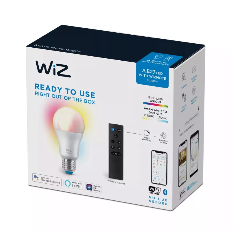 WiZ išmanioji lemputė 8W (atitinka 60W) A60 E27 x1 + nuotolinio valdymo pultelis, Wi-Fi/Bluetooth, balta