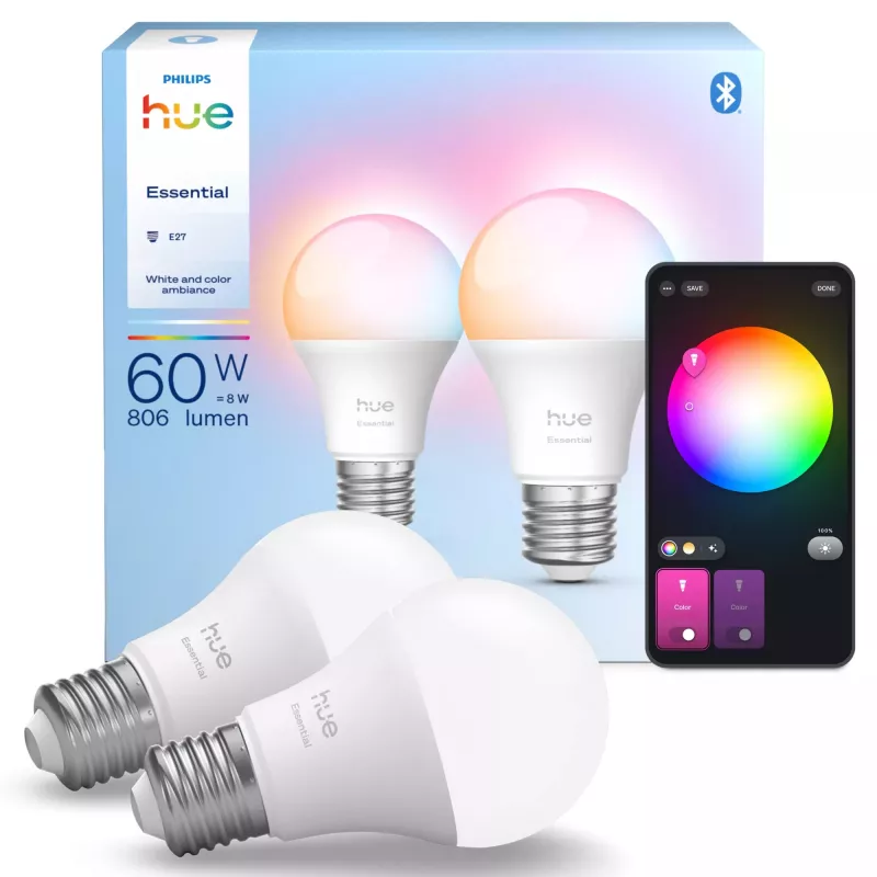 Philips Hue White and colour ambience Essential A60 – E27 išmanioji lemputė – 806 lm – 8W – 2 vnt. pakuotė
