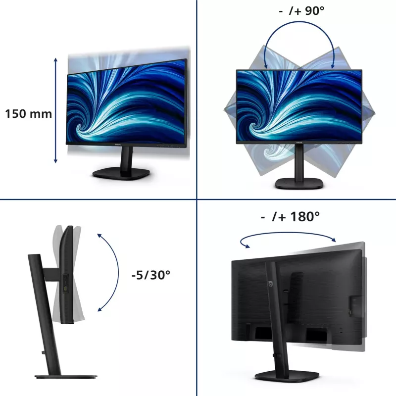 Monitorius Philips 24B2U3601 23.8 colio (60,5 cm) IPS Quad HD 2560x1440, USB 3.2 šakotuvas, USB-C, garsiakalbiai, reguliuojamas aukštis, VESA, juodas