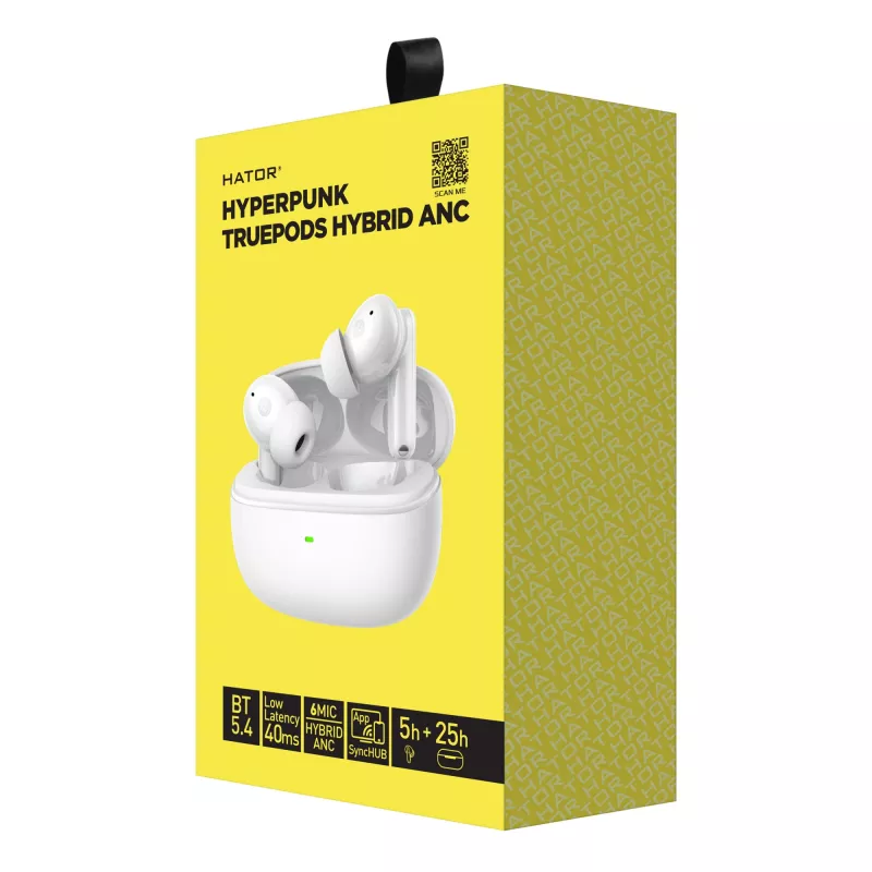 HATOR Hyperpunk Truepods Hybrid ANC belaidės ausinės TWS, triukšmo slopinimas, baltos
