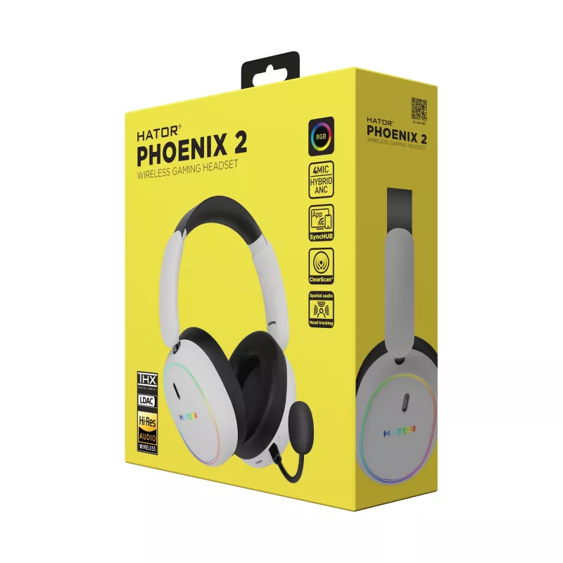 Ausinės HATOR Phoenix 2 Wireless – belaidės ir laidinės žaidimų ausinės su USB Type-C / USB Type-A, Bluetooth, balta