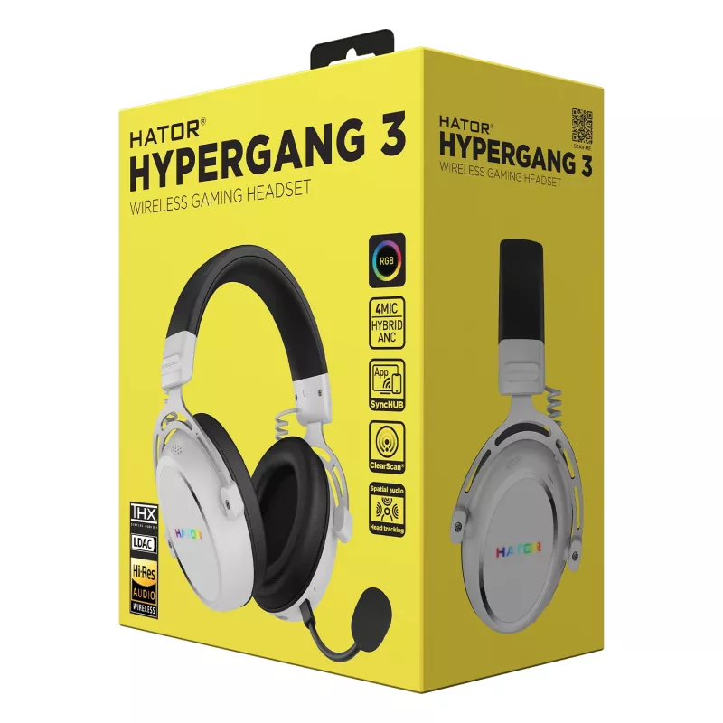 HATOR Hypergang 3 Wireless belaidės ausinės lankeliu, USB Type-C / USB Type-A, Bluetooth, balta