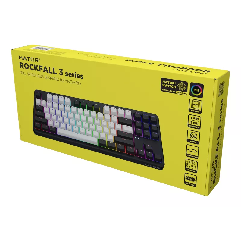 HATOR Rockfall 3 TKL Wireless, juoda, QMK/VIA, OMA profilio baltai-juodi klavišai, linijiniai mechaniniai karštai keičiami jungikliai, US ANSI išdėstymas (HTK850)
