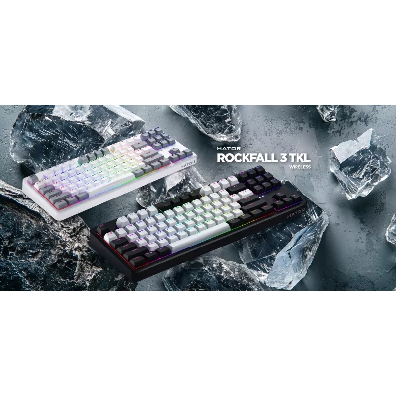 HATOR Rockfall 3 TKL Wireless, juoda, QMK/VIA, OMA profilio baltai-juodi klavišai, linijiniai mechaniniai karštai keičiami jungikliai, US ANSI išdėstymas (HTK850)
