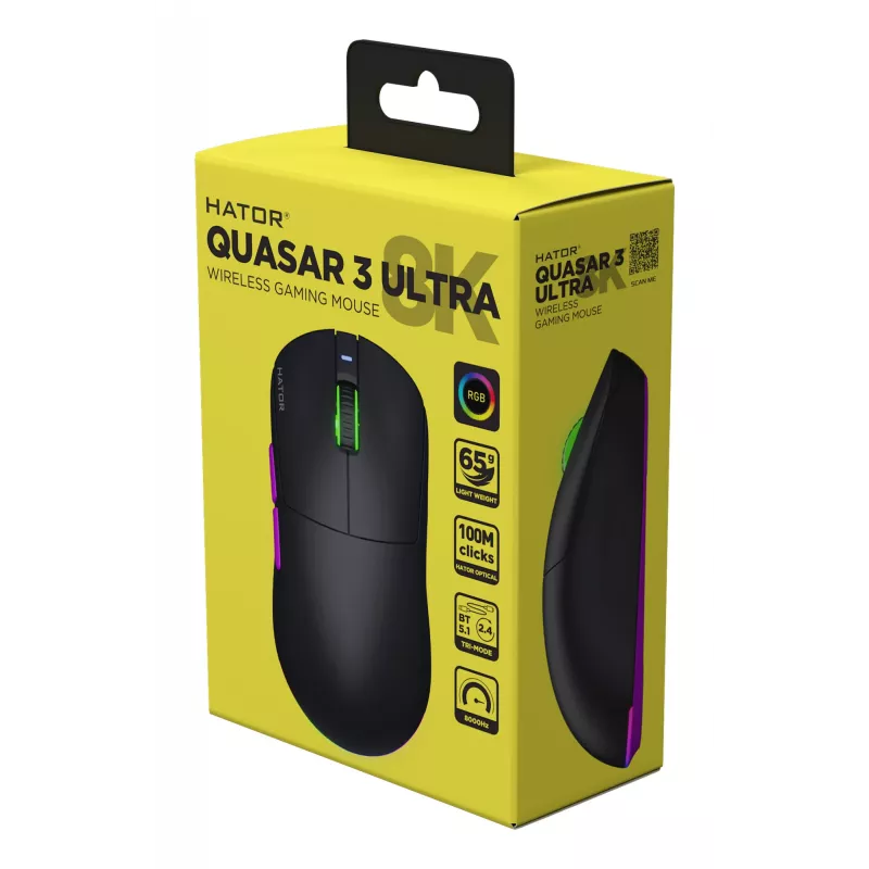 HATOR Quasar 3 Ultra 8K Wireless pelė žaidimams ambidekstrinė RF belaidė + Bluetooth + USB Type-A optinė 30000 DPI