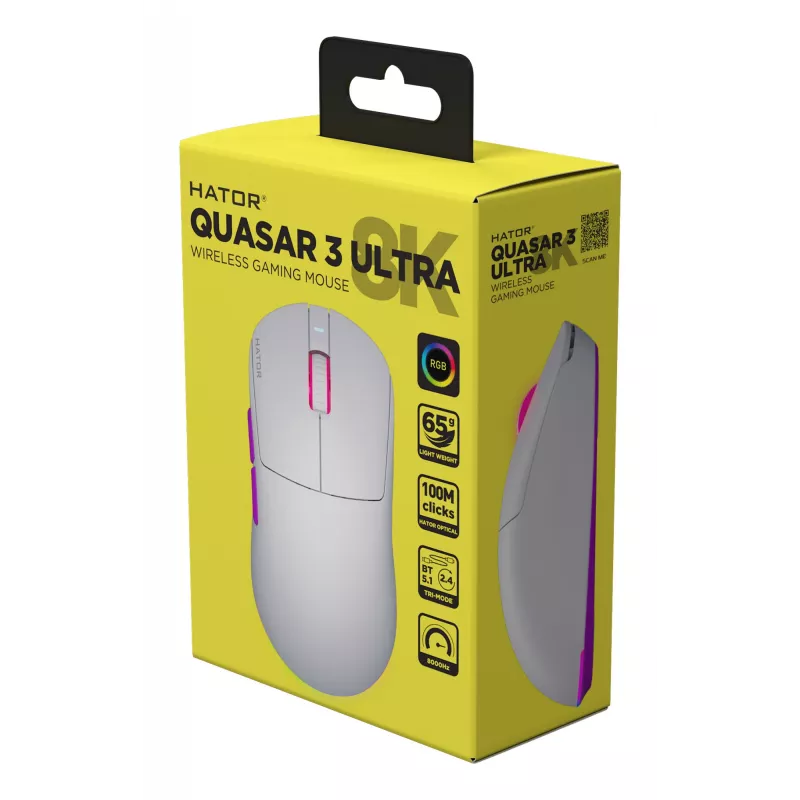 HATOR Quasar 3 Ultra 8K belaidė pelė žaidimams Ambidextrous RF Wireless + Bluetooth + USB Type-A Optinė 30000 DPI