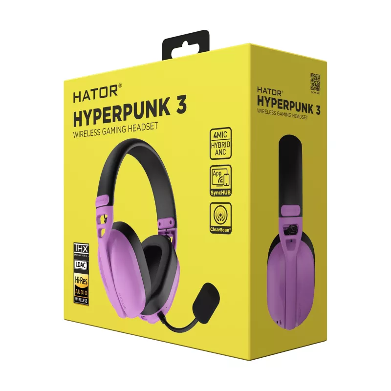 Ausinės HATOR Hyperpunk 3 Wireless belaidės ir laidinės, žaidimams, USB Type-C / USB Type-A, Bluetooth, violetinės