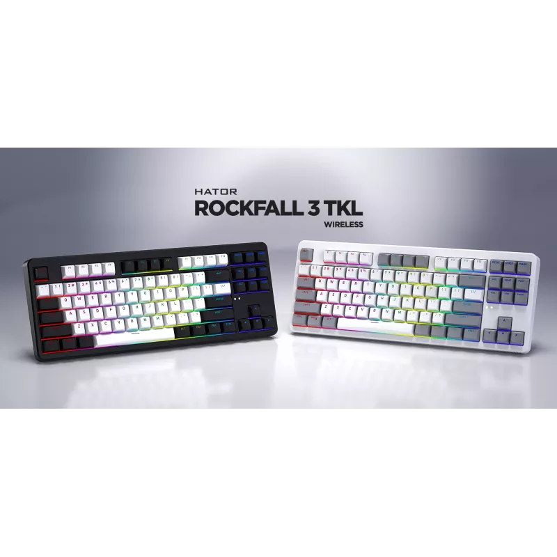 HATOR Rockfall 3 TKL Wireless balta klaviatūra, QMK/VIA, OMA profilio baltai juodi klavišų gaubtai, linijiniai mechaniniai karštai keičiami jungikliai, US ANSI išdėstymas