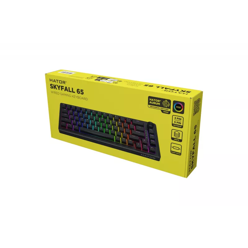HATOR Skyfall 65 laidinė mechaninė klaviatūra, USB-C, Aurum Sterling jungikliai, 70M paspaudimų, RGB, juoda, 790g
