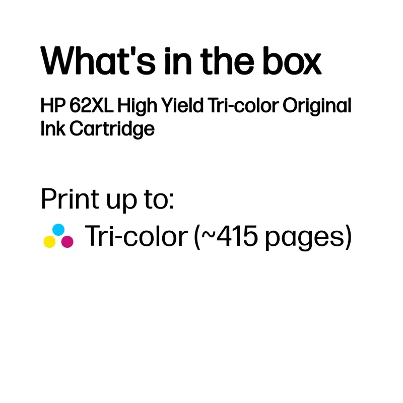 HP 62XL didelės talpos trijų spalvų originali kasetė, žydra, purpurinė, geltona, 1 vnt., 415 puslapių