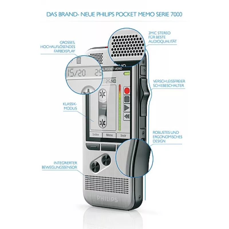 Philips DPM 7200 diktofonas su „Flash“ kortele, nerūdijančio plieno korpusas