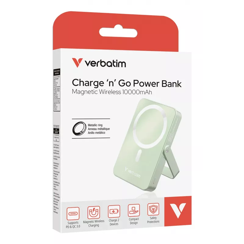 Verbatim Charge 'n' Go belaidė magnetinė power bank su stovu - 10000 mAh žalia