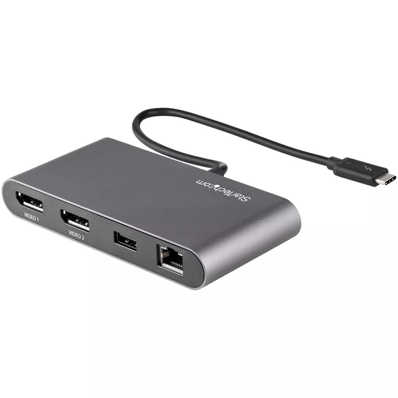 StarTech.com dviejų monitorių Thunderbolt mini dokas, 4K 60Hz DisplayPort, belaidis centras Windows ir Mac, Gigabit Ethernet, 1x USB-A (USB 5Gbps), 28 cm laidas