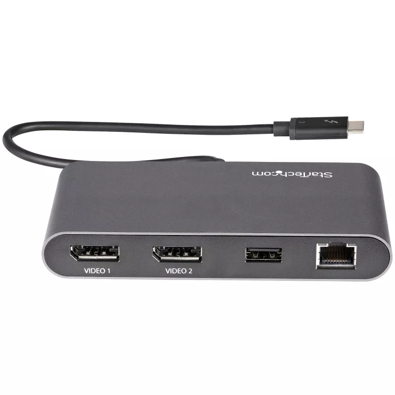 StarTech.com dviejų monitorių Thunderbolt mini dokas, 4K 60Hz DisplayPort, belaidis centras Windows ir Mac, Gigabit Ethernet, 1x USB-A (USB 5Gbps), 28 cm laidas