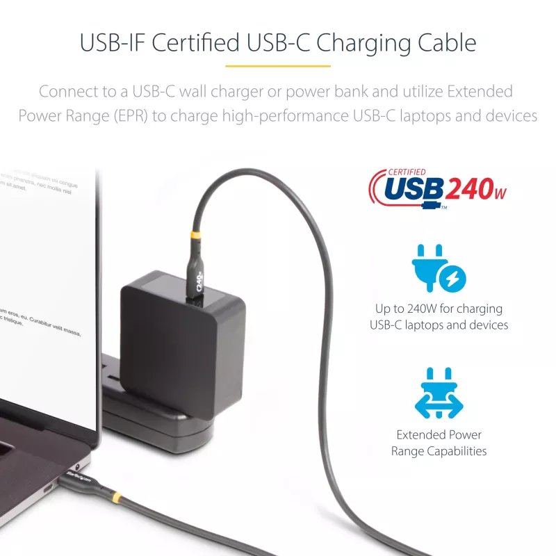 StarTech.com 3 m USB-C įkrovimo laidas, USB-IF sertifikuotas USB C kabelis, 240 W PD EPR, USB 2.0 Type-C nešiojamojo kompiuterio įkroviklio laidas, USB-C duomenų perdavimo kabelis, TPE apvalkalas, M/M