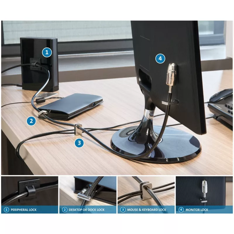 Kensington Desktop & Peripherals Locking Kit 2.0, 2,44 m, raktinis, anglinis plienas, juoda, sidabrinė