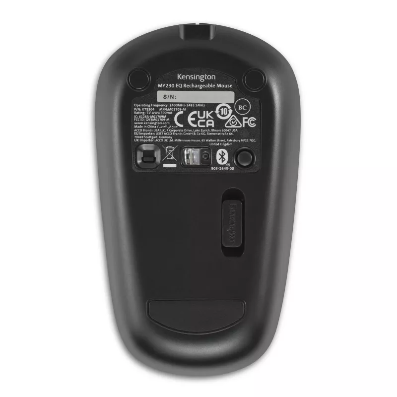 Belaidė pelė Kensington MY230 EQ su įkraunama baterija – vidutinio dydžio, ambidekstrinė, RF + Bluetooth, 1200 DPI, juoda