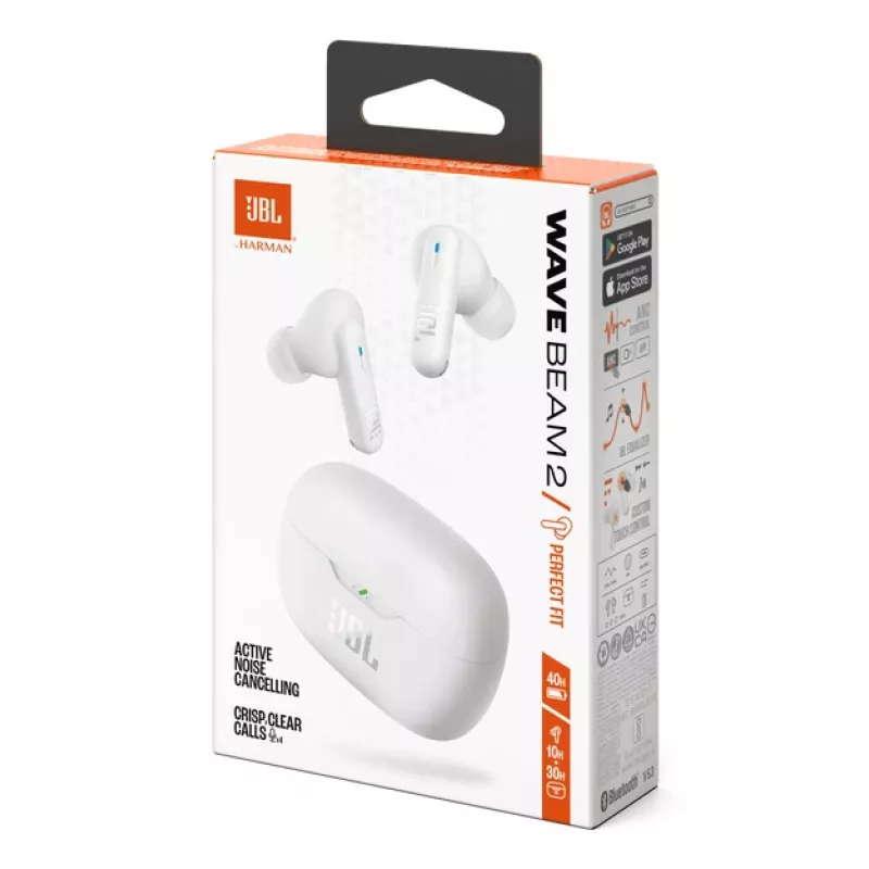 JBL Wave Beam 2 belaidžiai ausinukai į ausis, skambučiams ir muzikai, Bluetooth, balti