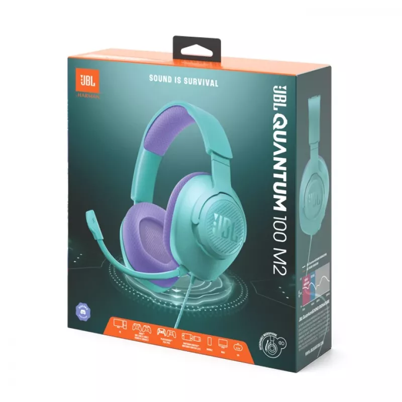 Ausinės JBL Quantum 100M2 – laidinės žaidimų ausinės su mikrofonu (Cyan)