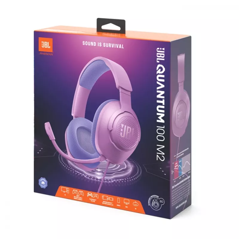Žaidimų ausinės JBL Quantum 100M2 – laidinės, ant ausų, 20–20000 Hz, 1,2 m laidas, violetinės