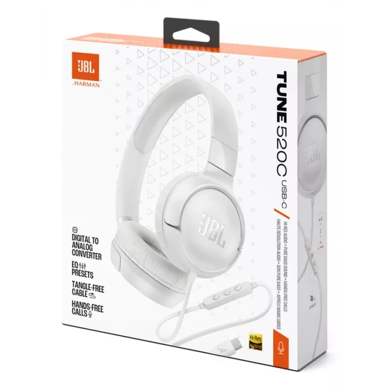 JBL Tune 520C USB-C laidinės ausinės, 32 mm tvarkyklės, JBL Pure Bass garsas, Hi-Res Audio, balta