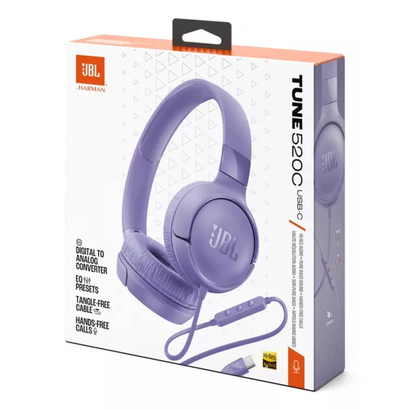 JBL Tune 520C USB-C ausinės, laidinės, ant ausų, skambučiams ir muzikai, alyvinė