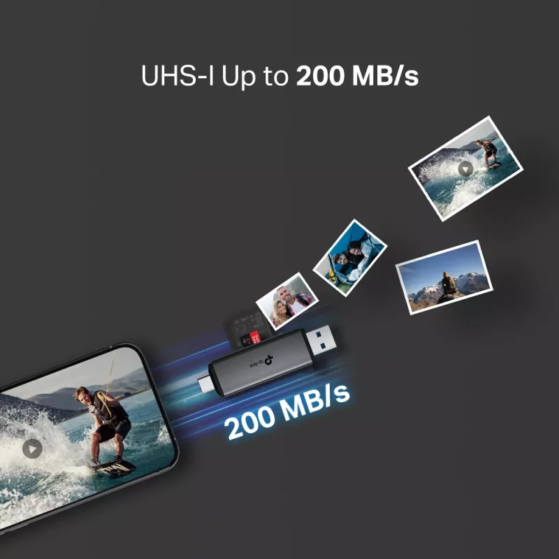 Kortelių skaitytuvas TP-LINK UA430D USB 3.1 – SD/MicroSD palaikymas, 200 MB/s, juodas, 75×22,9×9,3 mm