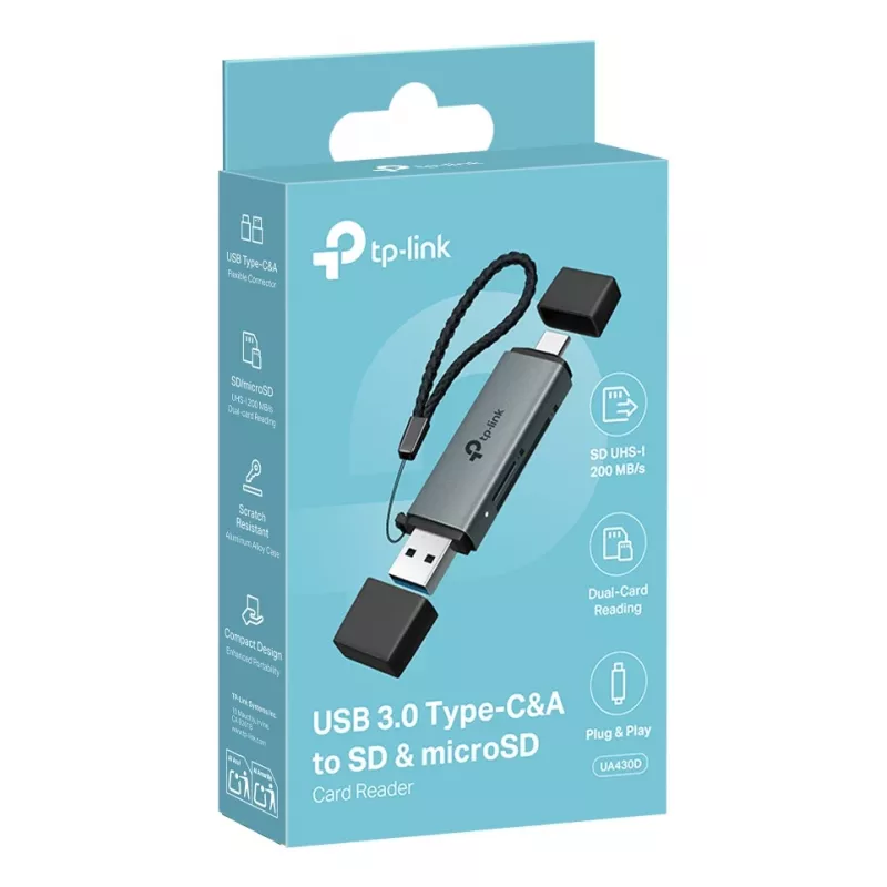 Kortelių skaitytuvas TP-LINK UA430D USB 3.1 – SD/MicroSD palaikymas, 200 MB/s, juodas, 75×22,9×9,3 mm