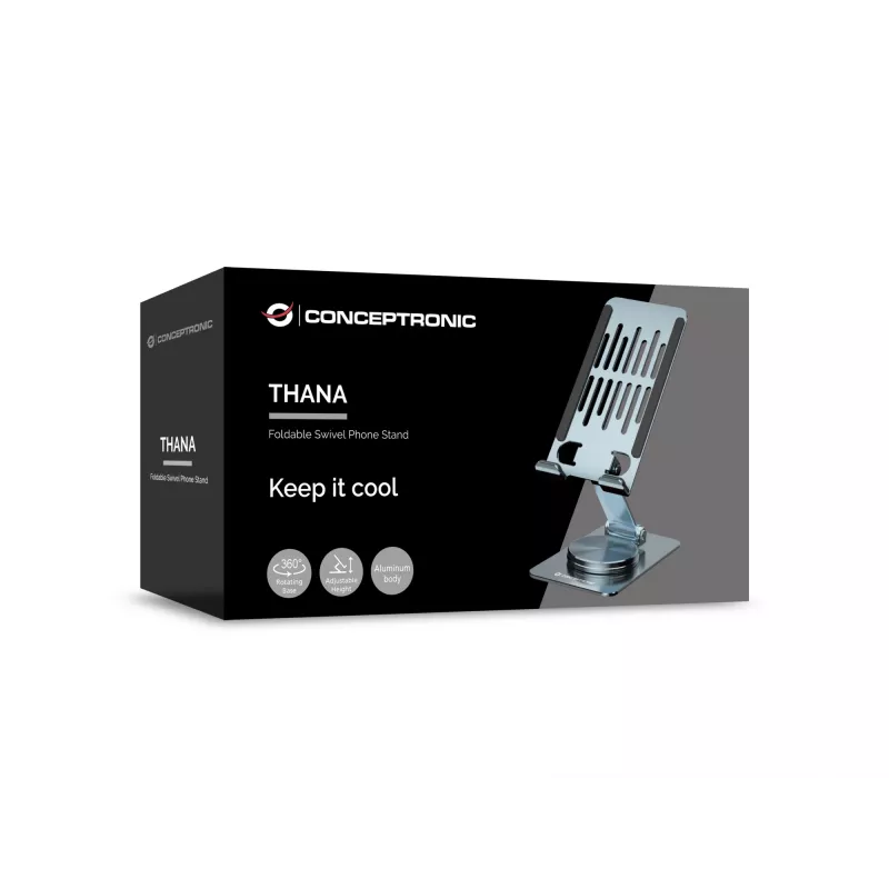 Sulankstomas sukamasis telefono stovas CONCEPTRONIC THANA08G, 360° besisukantis pagrindas, reguliuojamas aukštis, sidabrinis