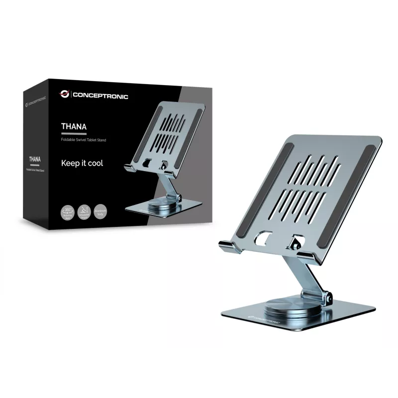 Sulankstomas sukamas stovas planšetei CONCEPTRONIC THANA09G – pilnas 360° sukimas, reguliuojamas aukštis, pilka spalva, 150×110×40 mm