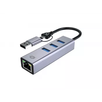 USB-C į Gigabit Ethernet adapteris su 3 prievadų USB šakotuvu CONCEPTRONIC ABBY25G — USB 3.2 Gen 1, 1 Gbps tinklas, 3x USB-A, aliuminis, pilka