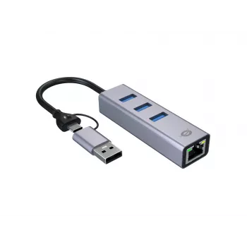 USB-C į Gigabit Ethernet adapteris su 3 prievadų USB šakotuvu CONCEPTRONIC ABBY25G — USB 3.2 Gen 1, 1 Gbps tinklas, 3x USB-A, aliuminis, pilka