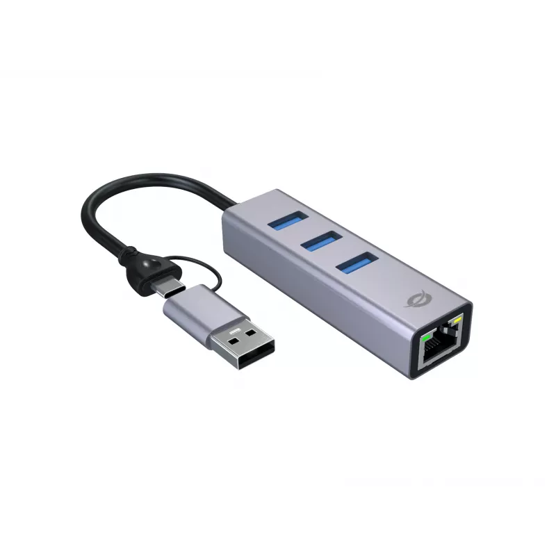 USB-C į Gigabit Ethernet adapteris su 3 prievadų USB šakotuvu CONCEPTRONIC ABBY25G — USB 3.2 Gen 1, 1 Gbps tinklas, 3x USB-A, aliuminis, pilka