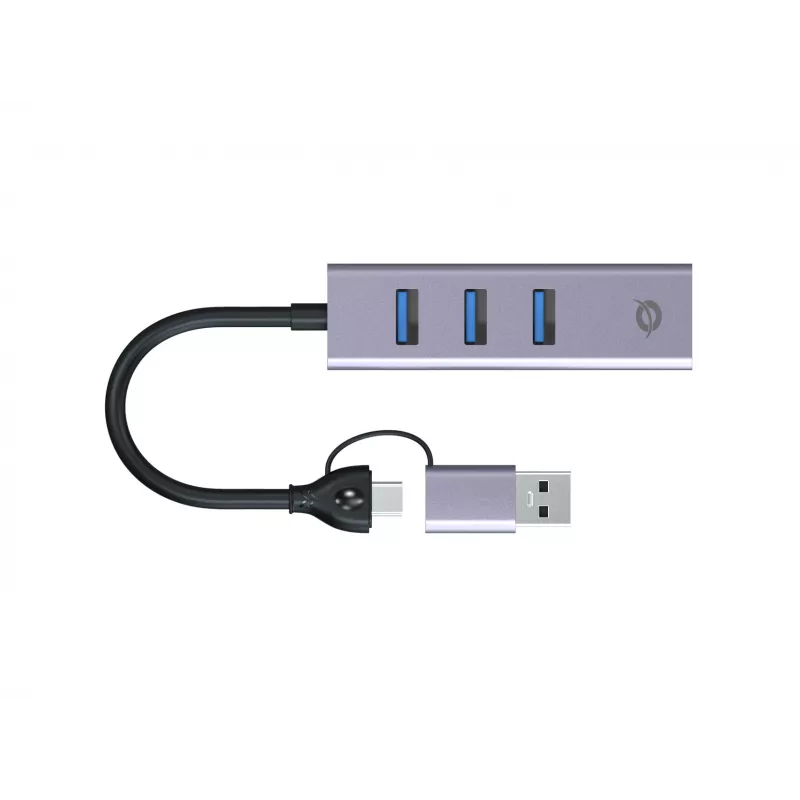 USB-C į Gigabit Ethernet adapteris su 3 prievadų USB šakotuvu CONCEPTRONIC ABBY25G — USB 3.2 Gen 1, 1 Gbps tinklas, 3x USB-A, aliuminis, pilka