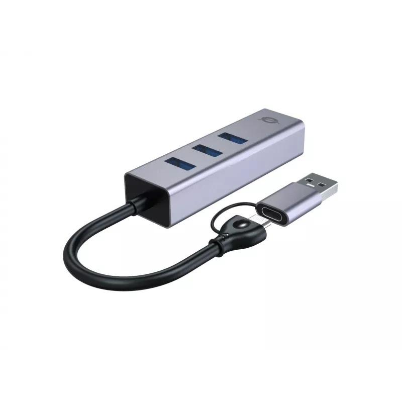 USB-C į Gigabit Ethernet adapteris su 3 prievadų USB šakotuvu CONCEPTRONIC ABBY25G — USB 3.2 Gen 1, 1 Gbps tinklas, 3x USB-A, aliuminis, pilka