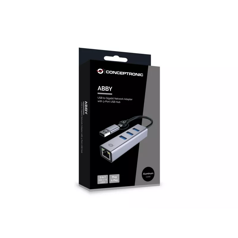 USB-C į Gigabit Ethernet adapteris su 3 prievadų USB šakotuvu CONCEPTRONIC ABBY25G — USB 3.2 Gen 1, 1 Gbps tinklas, 3x USB-A, aliuminis, pilka