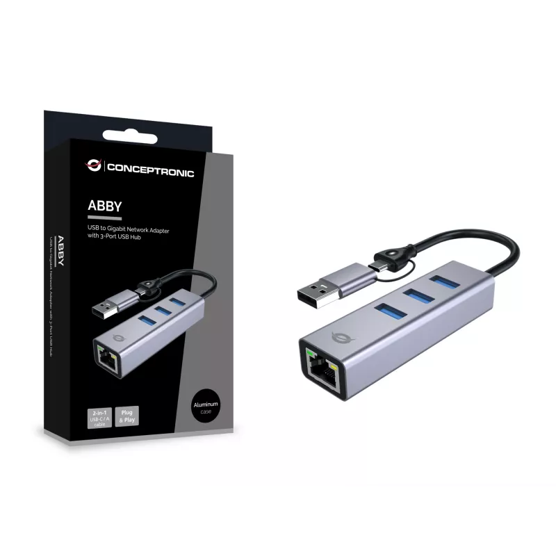 USB-C į Gigabit Ethernet adapteris su 3 prievadų USB šakotuvu CONCEPTRONIC ABBY25G — USB 3.2 Gen 1, 1 Gbps tinklas, 3x USB-A, aliuminis, pilka