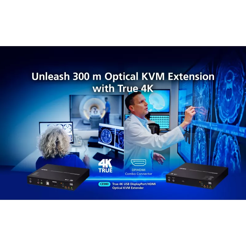 KVM prailgintuvas ATEN True 4K DP/HDMI optinis KVM 300 m – siųstuvas ir imtuvas, DisplayPort/HDMI, USB, 300 m