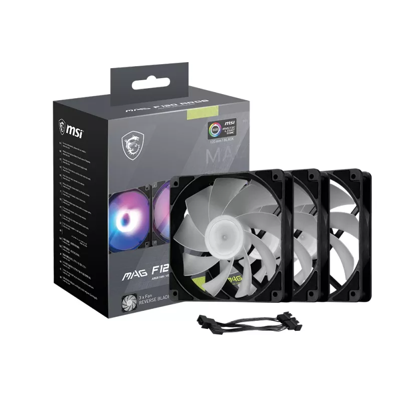 Ventiliatorių rinkinys PC korpusui MSI MAG F120 ARGB x3 — 120 mm, 1300 RPM, hidraulinis guolis, juodas
