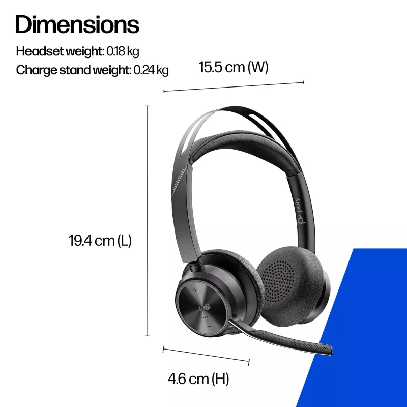 HP Poly Voyager Focus 2 belaidės stereo ausinės su triukšmo slopinimu, sertifikuotos Microsoft Teams, USB-C / A adapteris