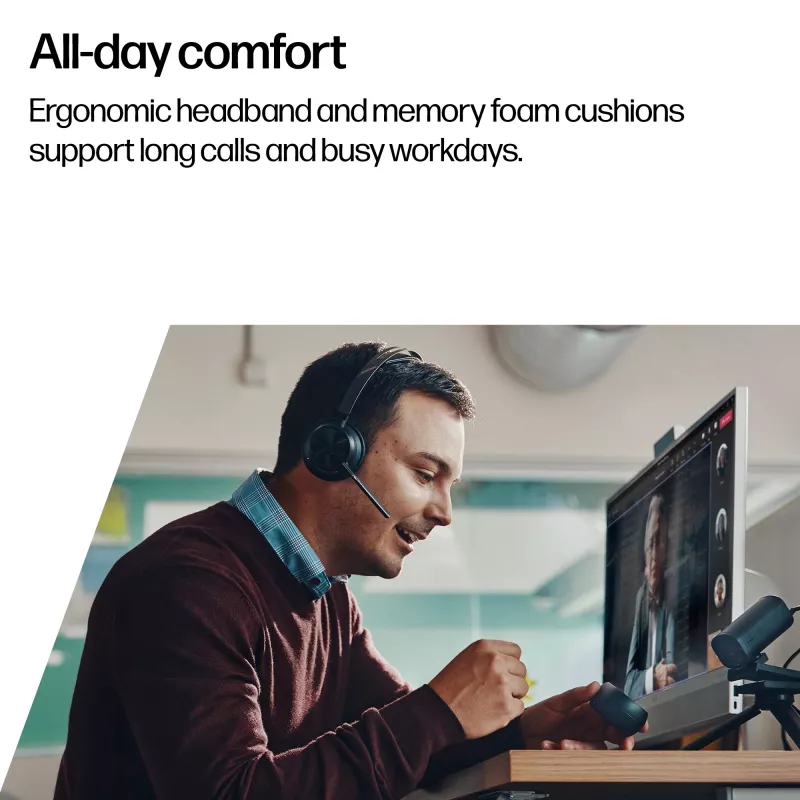 HP Poly Voyager Focus 2 belaidės stereo ausinės su triukšmo slopinimu, sertifikuotos Microsoft Teams, USB-C / A adapteris