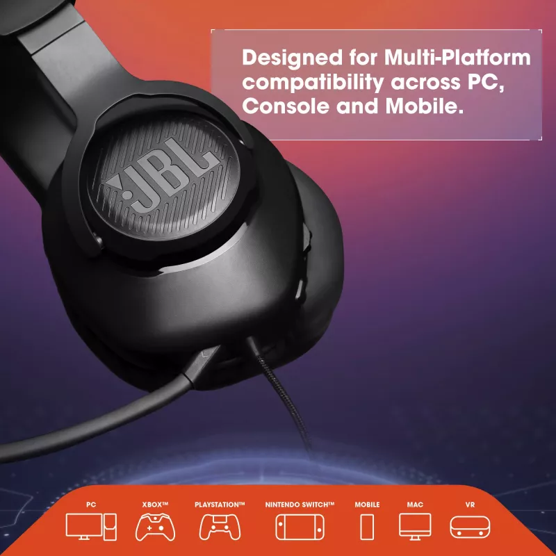 Ausinės JBL Quantum 100 BLACK, laidinės, žaidimams, 20-20000 Hz, 216 g, juodos